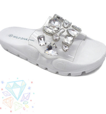 Clear Jeweled Silicone Slides - White