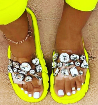 Clear Jeweled Silicone Slides - Neon yellow