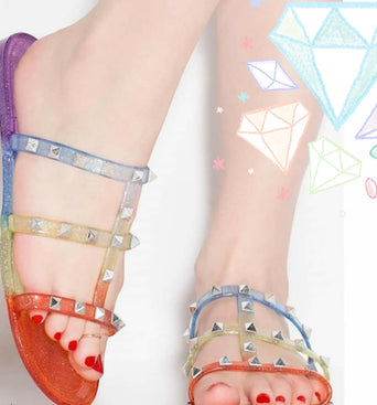 Silver Studded Rainbow Glitter Slides