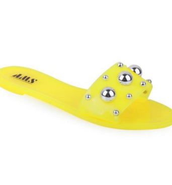 Silver Round Studded Slides - Neon Yellow