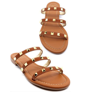 Gold Studded Tri-Strap Slides - Brown