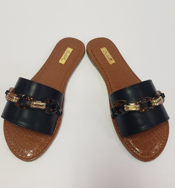 Leopard Gold Chain Sandals - Black