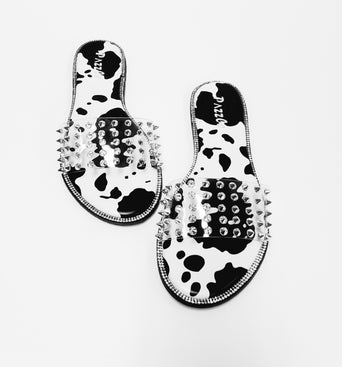 Silver Studded Slides - Cow Print