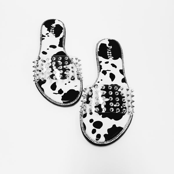 Silver Studded Slides - Cow Print