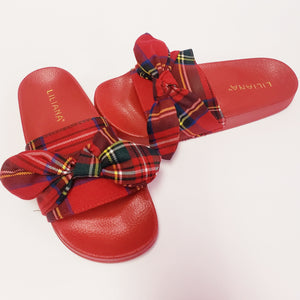 Plaid Bow Slides - Red