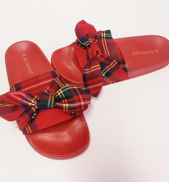 Plaid Bow Slides - Red