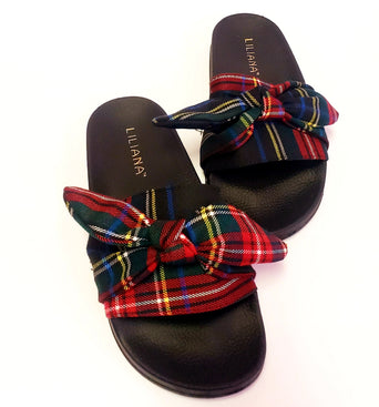 Plaid Bow Slides - Black