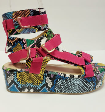 Velcro Multi-Strap Platform Sandals - Multi-Color Snakeskin