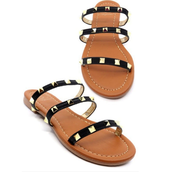 Gold Studded Tri-Strap Slides - Brown