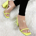 Square Toe Clear Strap Heels - Neon Green