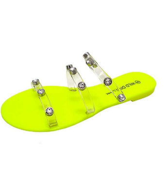 Silver Diamond Studded Slides - Neon Yellow