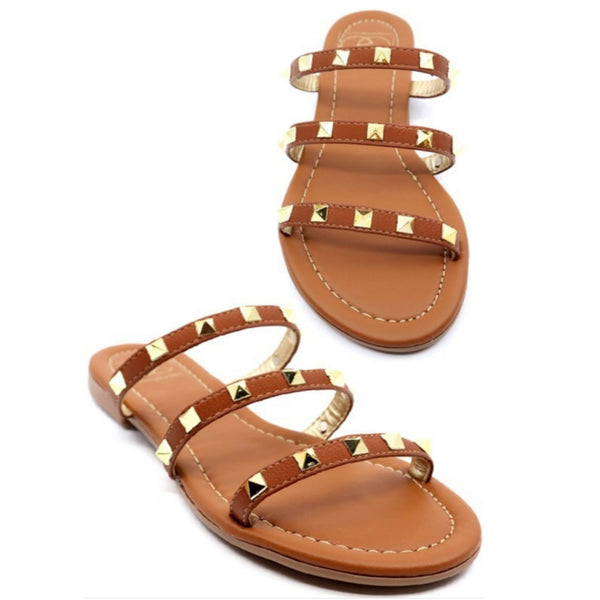 Gold Studded Tri-Strap Slides - Brown