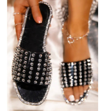 Silver Studded Slides - Black