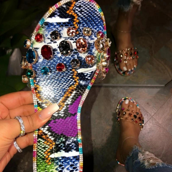 Jeweled Clear Slides - Blue Multi-Color Snakeskin