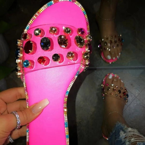 Jeweled Clear Slides - Pink