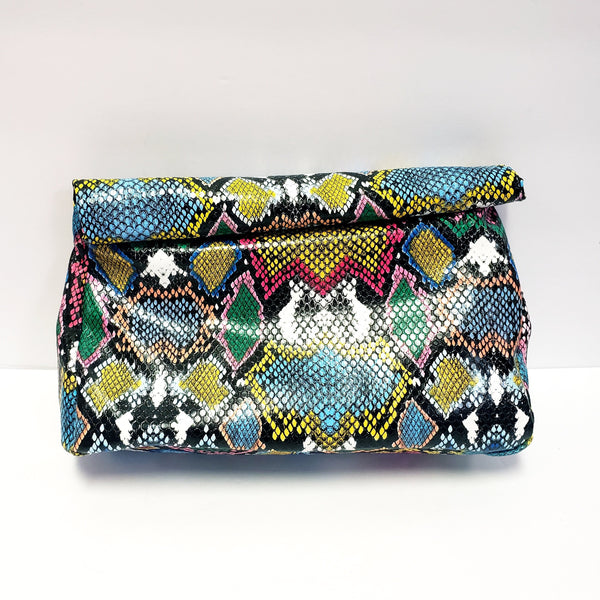 Multi-Color Snakeskin Fold Top Clutch Bag