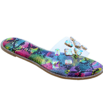 Jeweled Clear Slides - Pink Multi-Color Snakeskin