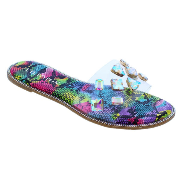 Jeweled Clear Slides - Pink Multi-Color Snakeskin