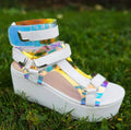 Velcro Multi-Strap Platform Sandals - White/Holo