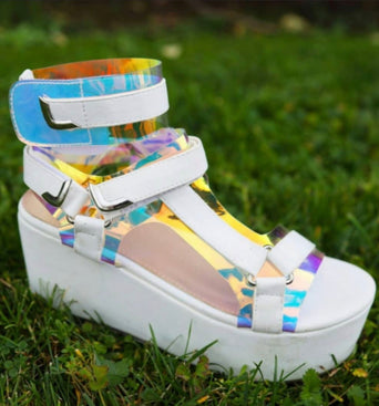 Velcro Multi-Strap Platform Sandals - White/Holo